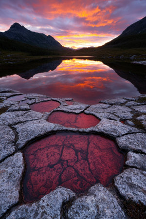 Red water pools in the rocks at sunsetの素材
