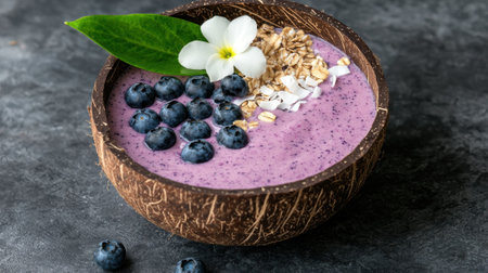 Delicious blueberry smoothie bowl with granola and coconut flakesの素材