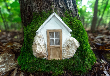 Miniature fairy house nestled in moss on a tree trunkの素材