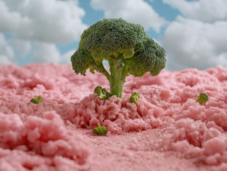 Broccoli tree growing in pink landscapeの素材