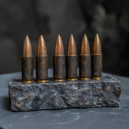 Six bullets arranged on a dark stone surfaceの素材