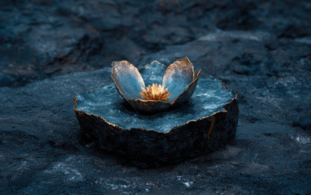 Golden flower in a dark blue stone bowlの素材