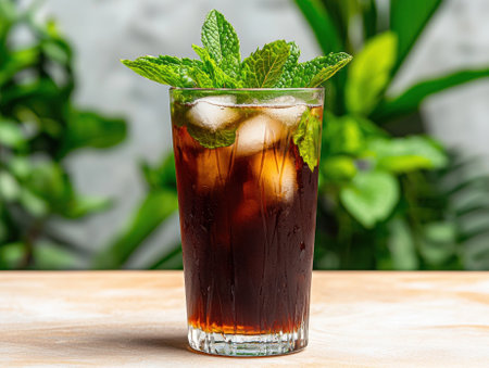 Refreshing iced drink with mint garnishの素材