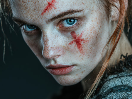 Close-up portrait of a young woman with freckles and red paint on her faceの素材