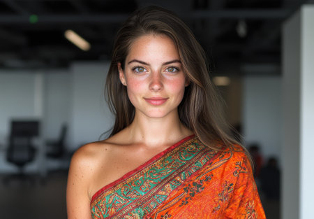 Beautiful young woman with freckles smiling at the cameraの素材