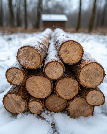 Stacked logs in snowy forestの素材
