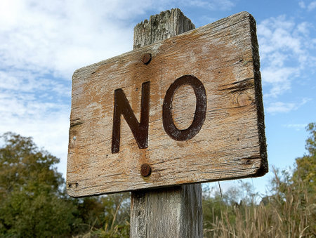 Close-up of a weathered wooden sign with the word NO.の素材