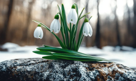 Delicate snowdrops emerge from melting snow on a rockの素材