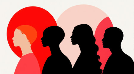 Silhouette of four diverse women standing side by sideの素材