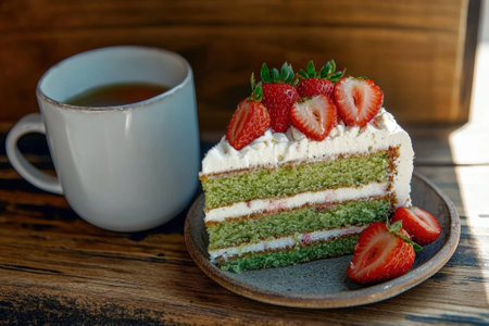 A slice of pistachio cake with strawberries and a cup of teaの素材