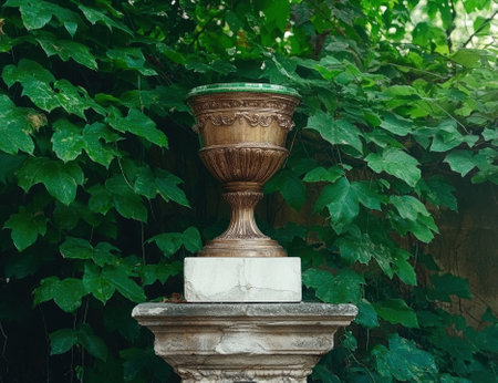 Ornate golden urn on a stone pedestal surrounded by lush green leavesの素材