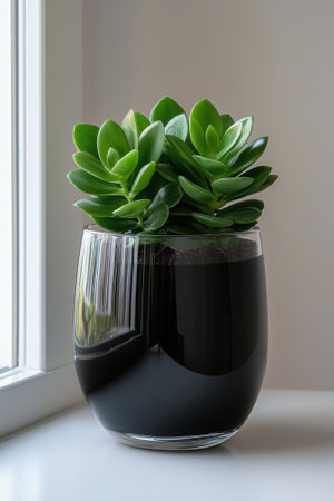 Jade plant in a black glass pot on a white surfaceの素材