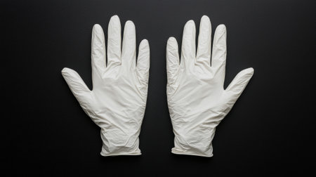 A pair of white nitrile gloves on a black backgroundの素材