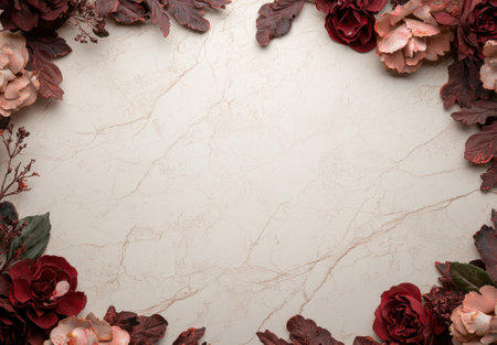 Dark red and blush pink flowers frame a marble backgroundの素材