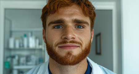 Close-up portrait of a smiling redhead male doctorの素材