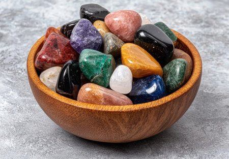 Tumbled stones in a wooden bowlの素材