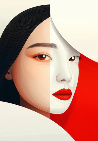 Abstract portrait of a woman with half of her face painted white and the other half with natural skin tonesの素材