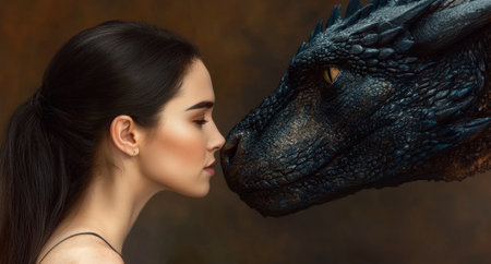 Woman and dragon face to faceの素材