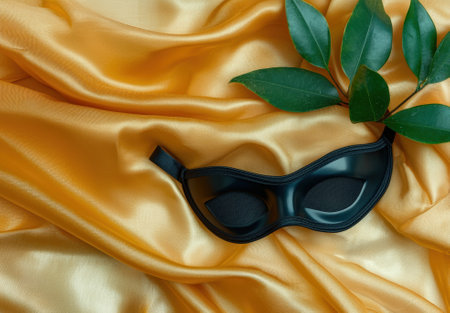 Black masquerade eye mask on gold silk fabric with green leavesの素材