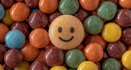 Happy candy face in a pile of colorful sweetsの素材
