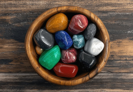 Collection of colorful tumbled stones in wooden bowlの素材