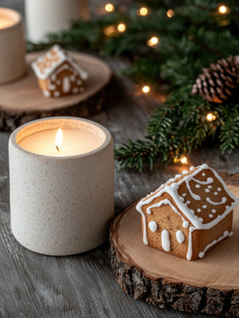 Cozy Christmas scene with gingerbread houses, candle, and evergreen branchesの素材