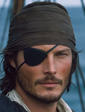 Pirate with an eye patch looking intensely at the cameraの素材
