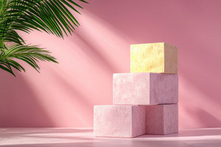 Pastel pink and yellow cubes on a pink background with palm leavesの素材