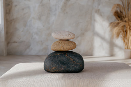 Three stones balanced on top of each other on a beige surfaceの素材