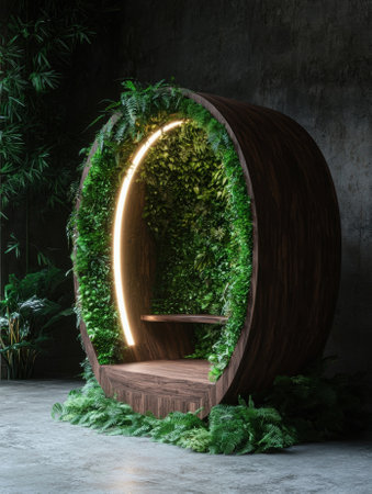 Modern wooden and plant-filled circular bench with integrated lightingの素材