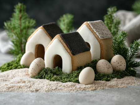 Cute gingerbread houses and speckled eggs on mossの素材