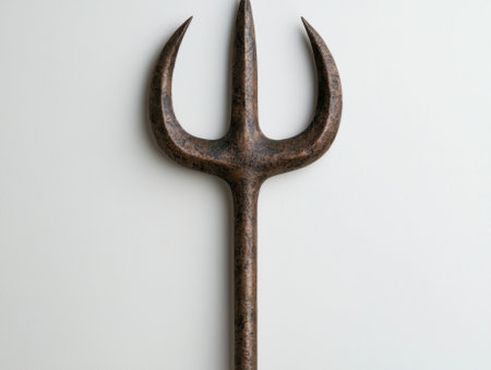 Close-up of a rustic, three-pronged spear against a white backgroundの素材