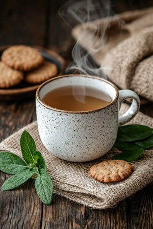 A cup of tea with cookies and mintの素材