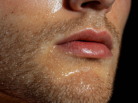 Close-up of a man's face with sweat dropletsの素材
