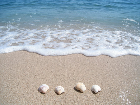 Seashells on the beach with ocean wavesの素材