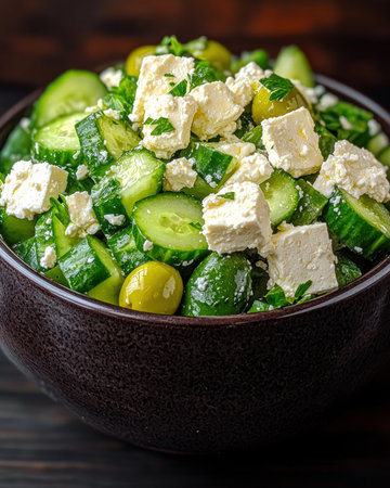 Fresh cucumber and feta cheese salad in a bowlの素材