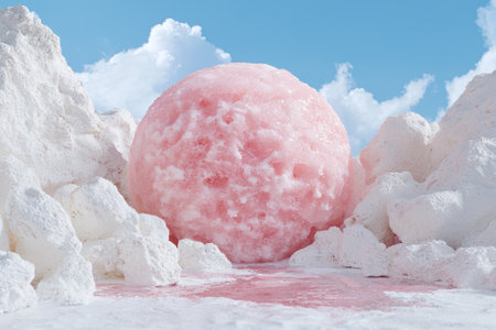 Pink salt sphere in a white rocky landscapeの素材