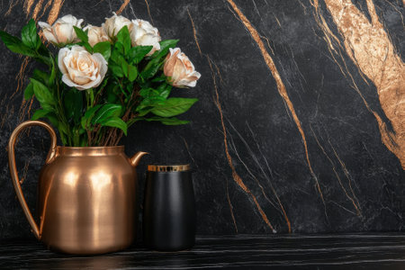 Rose bouquet in copper vase on marble backgroundの素材
