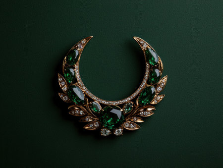 Crescent moon necklace with green gemstones and diamondsの素材