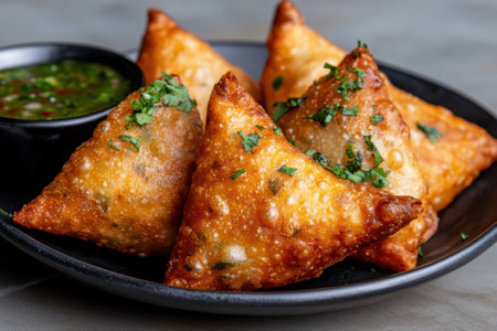 Delicious fried pastries served with a vibrant green dipping sauceの素材