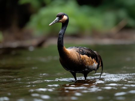 A black-necked bird wading in shallow waterの素材