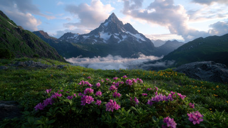 Alpine meadow with vibrant wildflowers and majestic mountain peakの素材