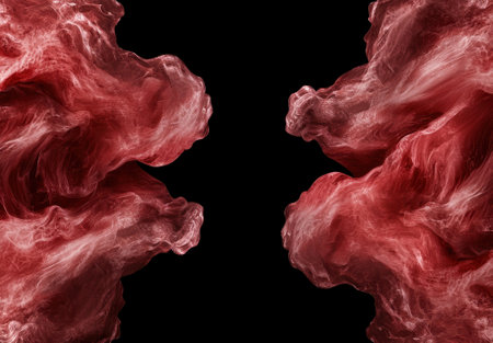 Abstract red smoke swirls on black backgroundの素材