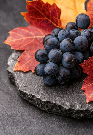 Close-up of dark-colored grapes resting on a dark stone surface, surrounded by autumn leaves.の素材