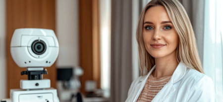 Portrait of a smiling female ophthalmologist in her officeの素材