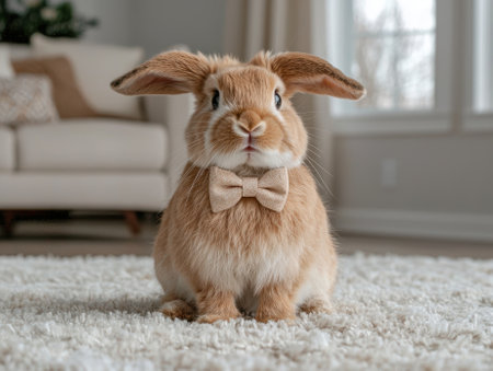 Adorable bunny rabbit wearing a bow tie sitting on a fluffy rugの素材