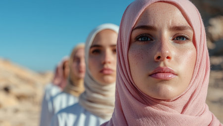 Confident women standing together in desert landscapeの素材