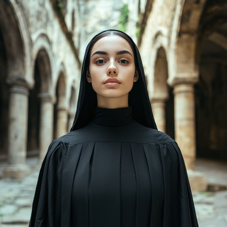 Young woman in black robe and hoodの素材