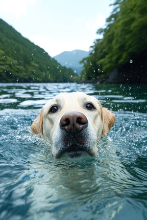 Happy labrador retriever dog swimming in a lakeの素材