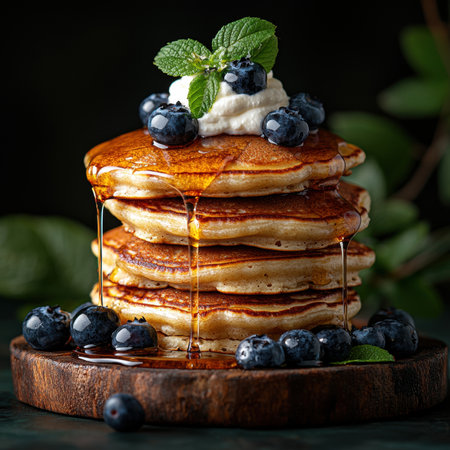 Delicious pancakes with blueberries and whipped creamの素材
